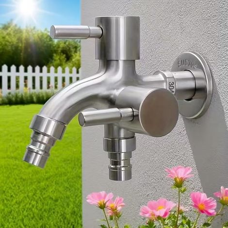 Grifo doble de acero inoxidable, robusto y resistente a la corrosión, con doble control, para lavadora y manguera de jardín, apto para uso interior y exterior. (1/5)