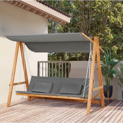 Balancín de jardín de poliéster gris, 3 plazas convertible en cama, con toldo regulable y cojín (1/5)