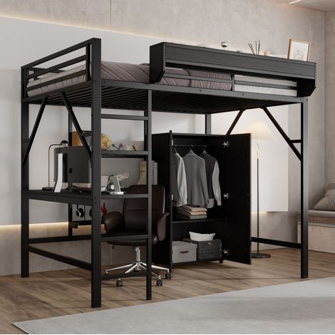 Lit mezzanine 140x200 avec bureau et rangements HAVRYA (1/5)