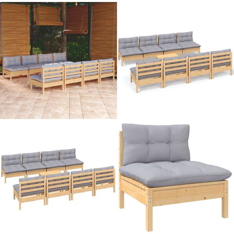 9-tlg. Garten-Lounge-Set mit Grauen Kissen Kiefer Massivholz - Garten-Lounge-Set -  Garten-Lounge-Sets - Home & Living (1/5)
