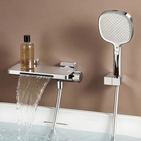doporro Badewannenarmatur mit Handbrause, Wasserfall Wannenarmatur aus Vollmessing, Armatur Badewanne Wandarmatur, Wandmontage mit 1.5m Brauseschlauch & Halterung, für Badewanne DSN-403 Silber