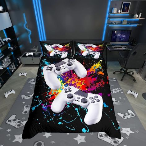 Parure de lit 3 pièces avec Housse de Couette pour lit Double Motif manettes de Jeux vidéo et Taches de Peinture pour Enfants (1/5)