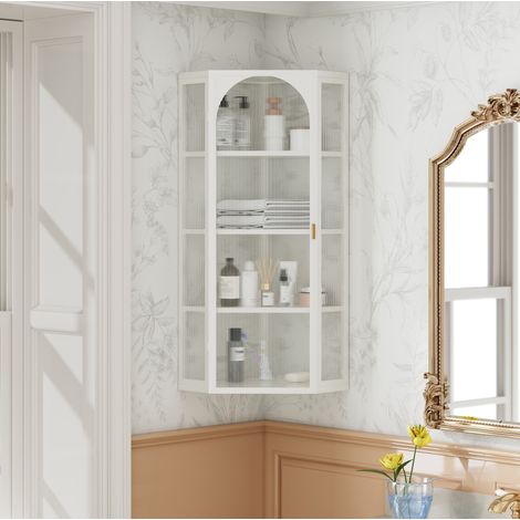 Meuble mural d’angle 4 niveaux 56 x 40 x 105 cm en métal et verre trempé blanc (1/5)