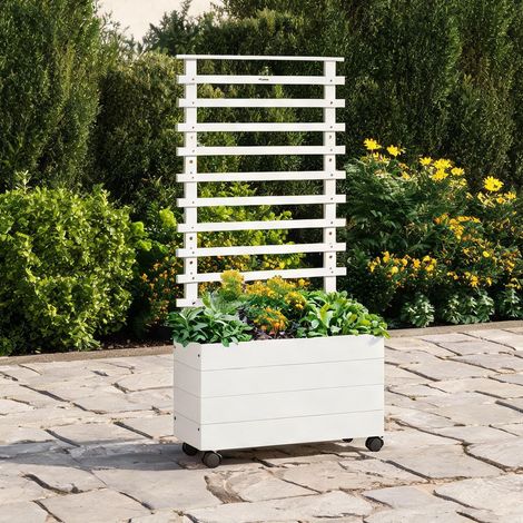 Coffre de rangement avec treillis et roues en bois massif blanc (1/5)