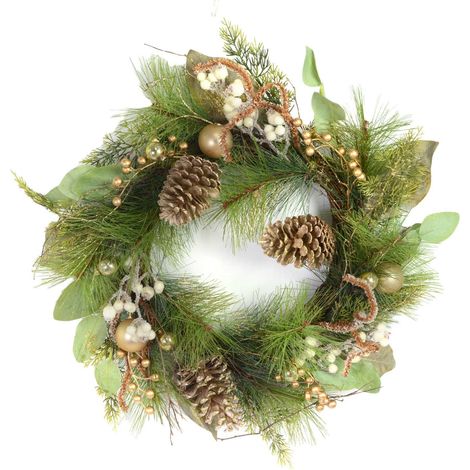 Couronne dorée avec pommes de pin vertes ø60 cm