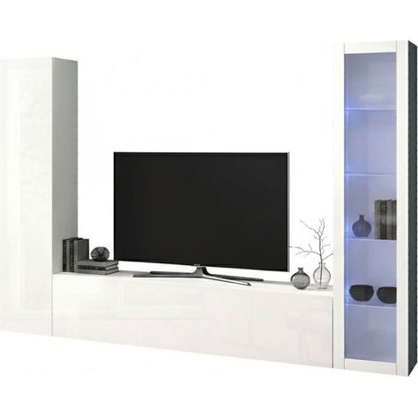 Dmora - Pared Equipada Dekda, Conjunto de salón Mueble de TV con 3 puertas, Mueble de salón polivalente con vitrina y luz LED, 100% Made in Italy, cm 260x30h180, Blanco brillo