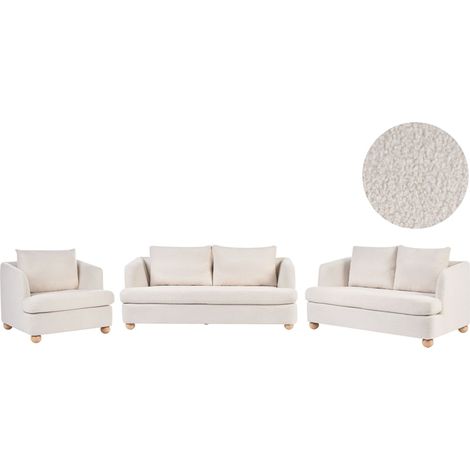 Ensemble de Salon 6 Places Rembourré Tissu Bouclé avec Accoudoirs et Pieds Ronds en Bois Canapés avec Fauteuil Salon Blanc Cassé Rattvik