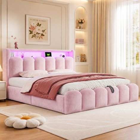 Lit coffre rembourré 180x200 cm avec rangement hydraulique, tête de lit avec rangement, LED et USB Type-C, velours, design pétales, Rose (1/5)
