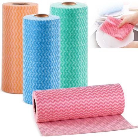 J Cloth Lot de 4 rouleaux de lingettes réutilisables, non tissés, multi-usages, pour salon, cuisine, table à manger (bleu, vert, orange, rouge)