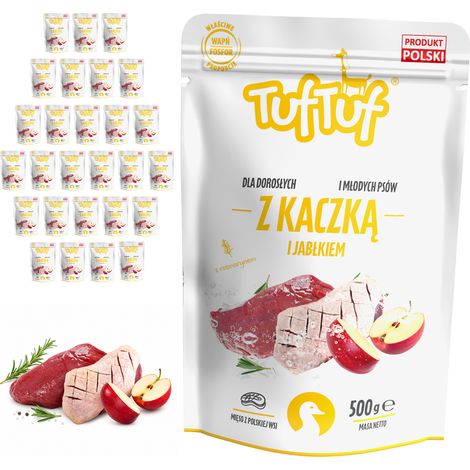 Comida húmeda para perros TufTuf, pato con manzana, sobre de 30 x 500 g, carne en conserva. (1/2)