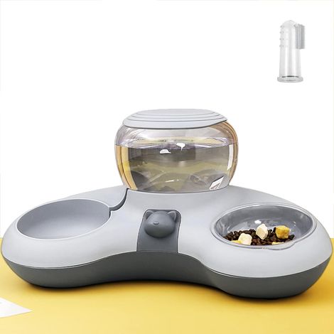 Gamelle pour Chat avec Distributeur d'Eau Double Bol en Croissant - Automatique Grande Capacité - Brosse à Dents Gratuite (Gris) (1/4)