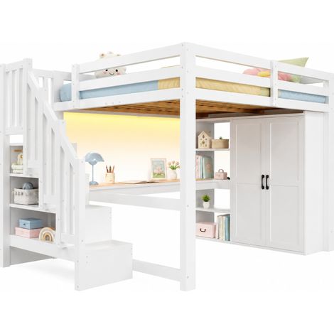 Lit mezzanine 140x200 avec bureau, étagères, armoire, escalier de rangement, LED et USB, finition blanche, gain de place pour chambre d'ado - CHICFURN (1/5)
