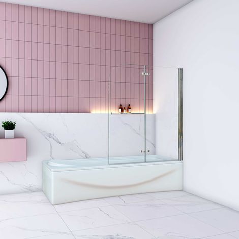 Pare-baignoire 100x140cm paroi pivotante 180° et pliante, écran de baignoire en 6mm verre anticalcaire avec poignée en Inox (1/5)