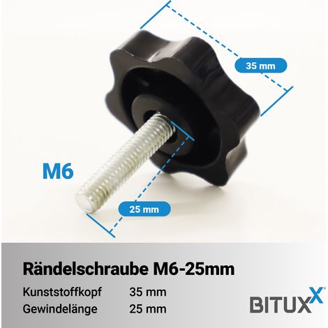 Bituxx Rändelschraube Feststellschraube Sterngriffschraube Knaufschraube Handknopf Werkzeuglose Schraube M6 x 25 mm