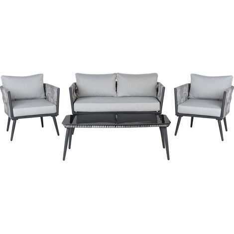 Set da Giardino in Rattan PE Nero Cuscini Grigi a 4 Posti con Tavolino Preveza