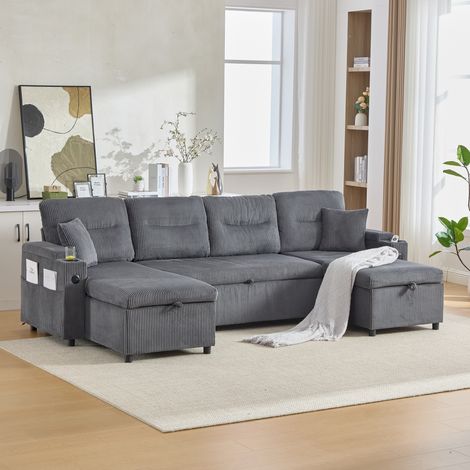 Canapé d'angle convertible 4 places avec rangement, USB-C et porte-gobelets OKMYHOME (1/5)