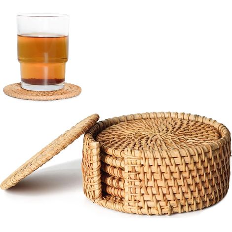 Lot de 6 sous-verres en rotin, 10 cm, avec boîte de rangement, antidérapants, pour salon et bureau (1/5)