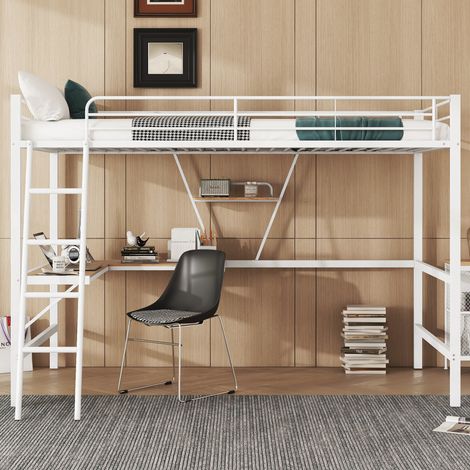 Lit superposé en métal 90x200 cm, blanc, avec bureau d'angle et étagère intégrés, pour enfants, ados et adultes, sans matelas