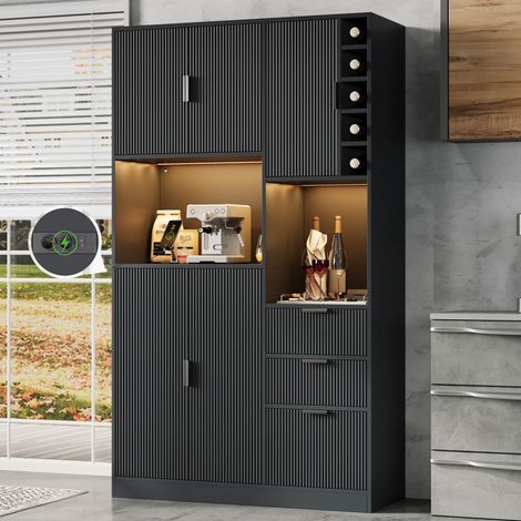 Meuble cuisine armoire rangement cave vin moderne hauteur étagères réglables 3 tiroirs casier vin LED prises 180x105x40 cm