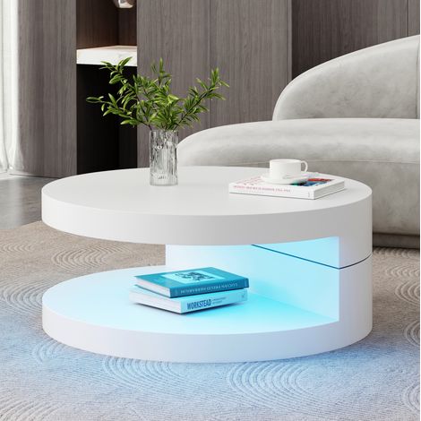 Mesa de centro 70x70x35.5 cm blanca en MDF con tablero giratorio 360° y LED (1/5)