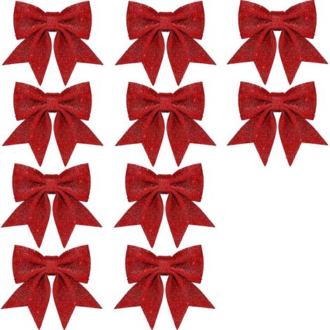 Lot de 10 nœuds de Noël rouges à paillettes, 15 x 14 cm, décoration brillante pour sapin, réutilisables et faciles à fixer.