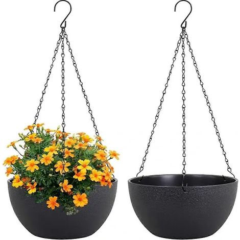 Zwei große, runde Hängeampeln, geeignet für Zimmer- und Gartenpflanzen, mit Abflusslöchern und Ketten.