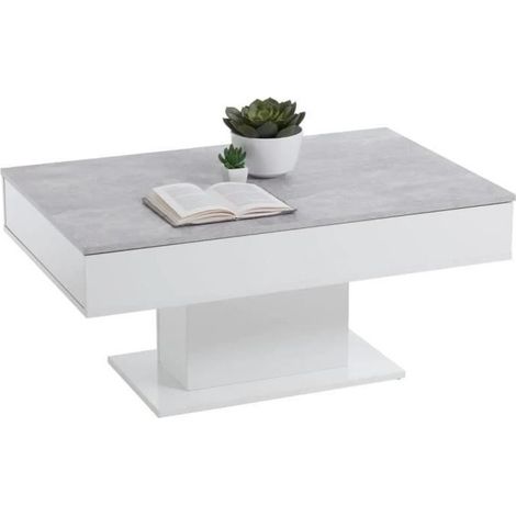 Table basse fixe bicolore avec plateau coulissant – Décor gris béton et blanc brillant – L100 x H46,1 x P65 cm – Design contemporain – FMD (1/7)