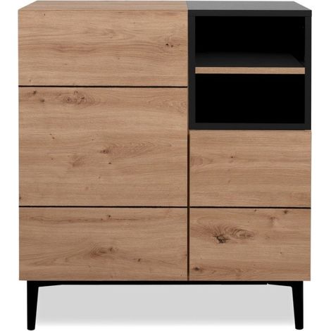 Buffet haut 2 portes 2 niches L80 cm – Finition chêne et noir – Design moderne avec rangement modulable – Dimensions compactes 80x41,8x90,4 cm (1/5)