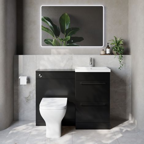 Napoli 390 Cento Matt Black 1100mm 2 Drawer Vanity Unit Toilet Suite with Glide Basin - 1100mm - Chrome 320mm HandleWith Kingston Toilet Pan and Seat