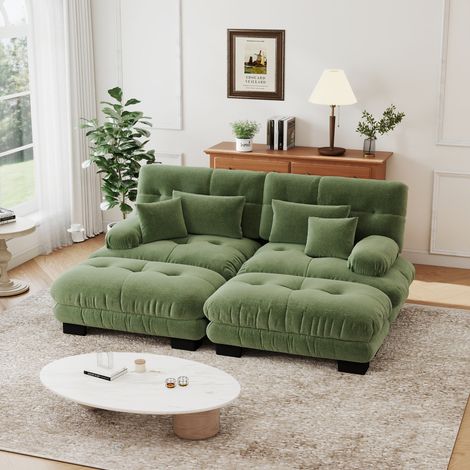 Canapé d'angle, Canapé 2 places, Canapé de salon avec 2 coussins lombaires, 2 coussins décoratifs, 2 repose-pieds, chenille, canapé tapissé nuage, 220x145x81 cm, Vert (1/5)
