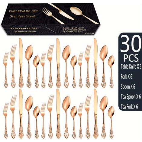 Ménagère Royale Rose Gold 30 Pièces, Acier Inoxydable, Motif Relief Vintage, Service de Table pour 6 Personnes (1/5)