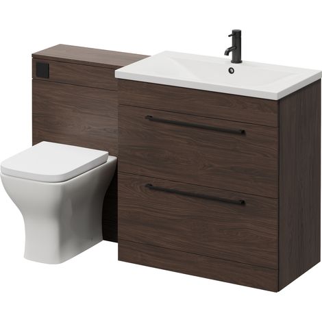 Napoli 460 Cento Brown Oak 1400mm 2 Drawer Vanity Unit Toilet Suite with Glide Basin - 1400mm - Matt Black 480mm HandleWith Kingston Toilet Pan and Seat
