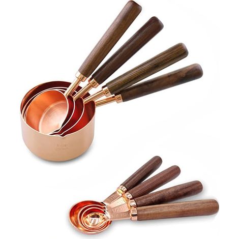 Lot de 8 tasses à mesurer et cuillères à mesurer en acier inoxydable doré rose avec poignée en noyer pour ingrédients secs et liquides de cuisine (1/5)