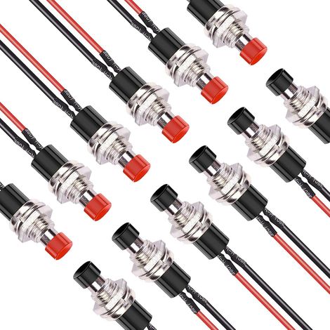 Mini interruttore a pulsante rotondo momentaneo a 2 pin, pre-saldato, 7 mm, SPST, normalmente aperto, rosso e nero (confezione da 12) (1/5)