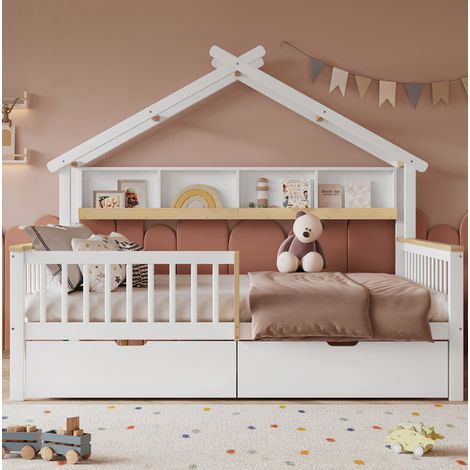 Letto per bambini 218.5x146.5x152 cm, con barriera di sicurezza, due cassetti, design casetta, legno massello e MDF, bianco e naturale (1/5)