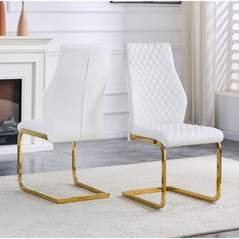 Silla de comedor, lote de 2, diseño rombos blanco, respaldo alto, en PU y metal dorado HAVRYA (1/5)