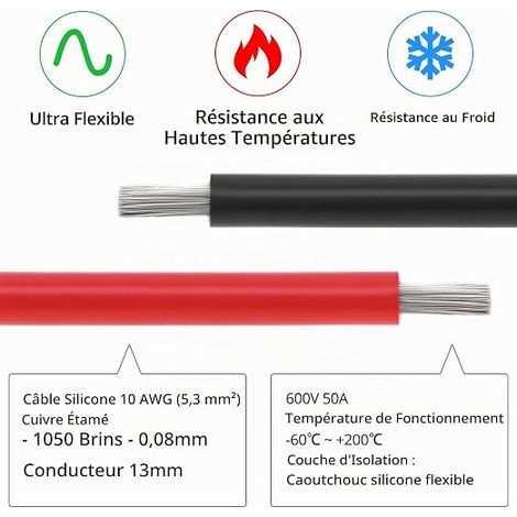 QWORK 10 AWG 5.3 mm² Electric Cable – 2.5 m Black and 2.5 m Red – Silicone Electric Wire 1050 Strands Tinned Copper Wire Low Impedance for RC Car, Marine, Drone (1/4)