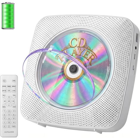Portable Bluetooth CD Player 1800mAh Desktop CD Player for Home CD Players with Two Speakers Remote Control Dustproof Cover FM Radio Display Timer USB Aux-White (1/5)
