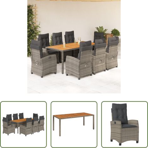 Gartentisch - 9-tlg. Garten-Essgruppe mit Kissen Grau Poly Rattan (1/5)