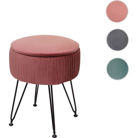 Pouf HWC-K47 - tabouret avec compartiment de rangement - Ø 33cm - aspect velours - vert - piètement noir (1/5)