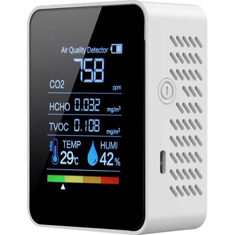 Appareil de mesure de la qualité de l'air 5 en 1 avec capteurs de CO2, COVT, température et humidité, affichage LED et stockage des données pour la maison et le bureau.