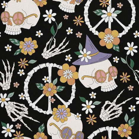 Tissu d'extérieur décoratif Oxford - motif hippie os et fleurs (1/5)