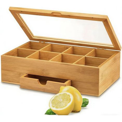 Une boîte à thé en bambou compartimentée avec un couvercle transparent, et une boîte en bois à huit compartiments et tiroirs.