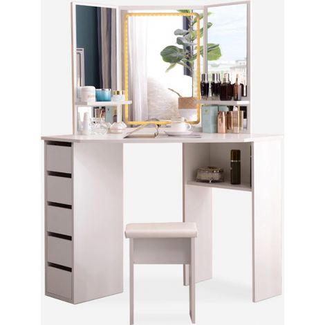 Eck-Schminktisch 3-Spiegel LED Licht, Hocker und Schubladen Elettra (1/5)