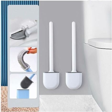 2PCS Brosse WC Silicone et Supports Toilettes brosse toilette Profondeur,Balayette WC avec Long Manche en Plastique Antidrapant et Poils Flexibles,Brosse Toilette avec Support Schage Rapide, (1/4)
