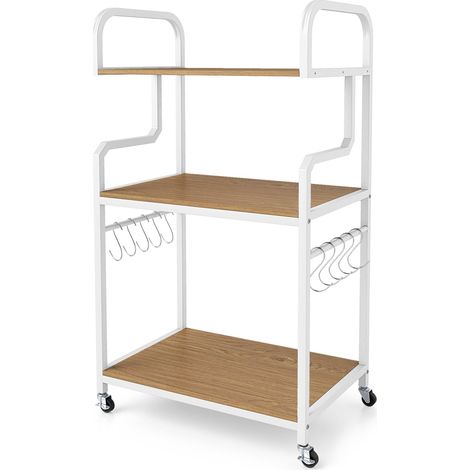 Supporto per stampante a 3 livelli con ruote e ganci, in legno naturale. (1/5)