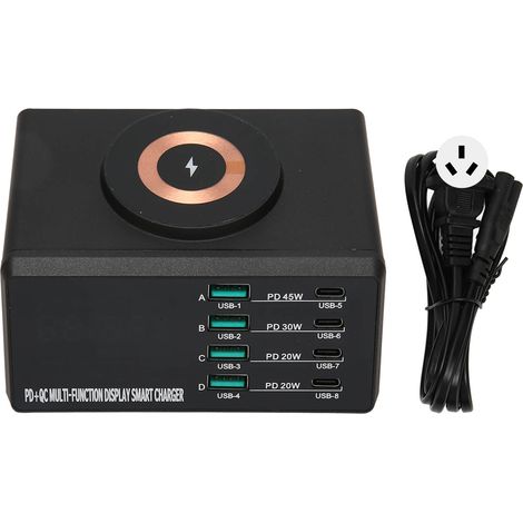Station de charge USB 110W 8 ports, charge rapide magnétique sans fil pour maison hôtel, 100-240V prise AU. (1/5)