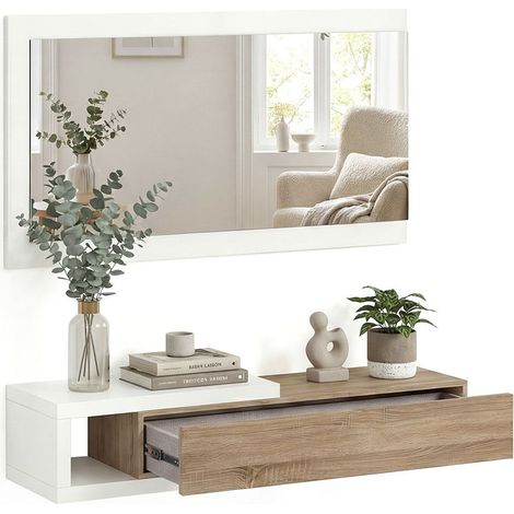 Mueble recibidor con 1 cajón y espejo 95 cm Derek Blanco Artik (Blanco Mate) - Roble Canadian (ancho) x 19cm (alto)