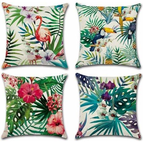 Lot de 4 housses de coussin en coton et lin Motif plantes tropicales 45 x 45 cm, Lin Coton, a, 45 x 45 Centimeters (1/5)