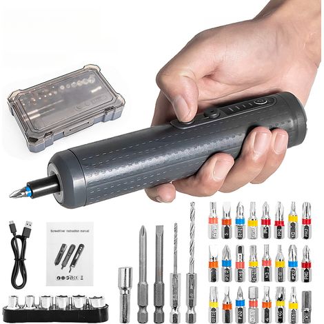 Akku-Schrauber-Set, wiederaufladbarer Akkuschrauber mit 2000 mAh, USB-C-Ladeanschluss, LED-Leuchte, 39-teiliges Heimwerker-Werkzeugset